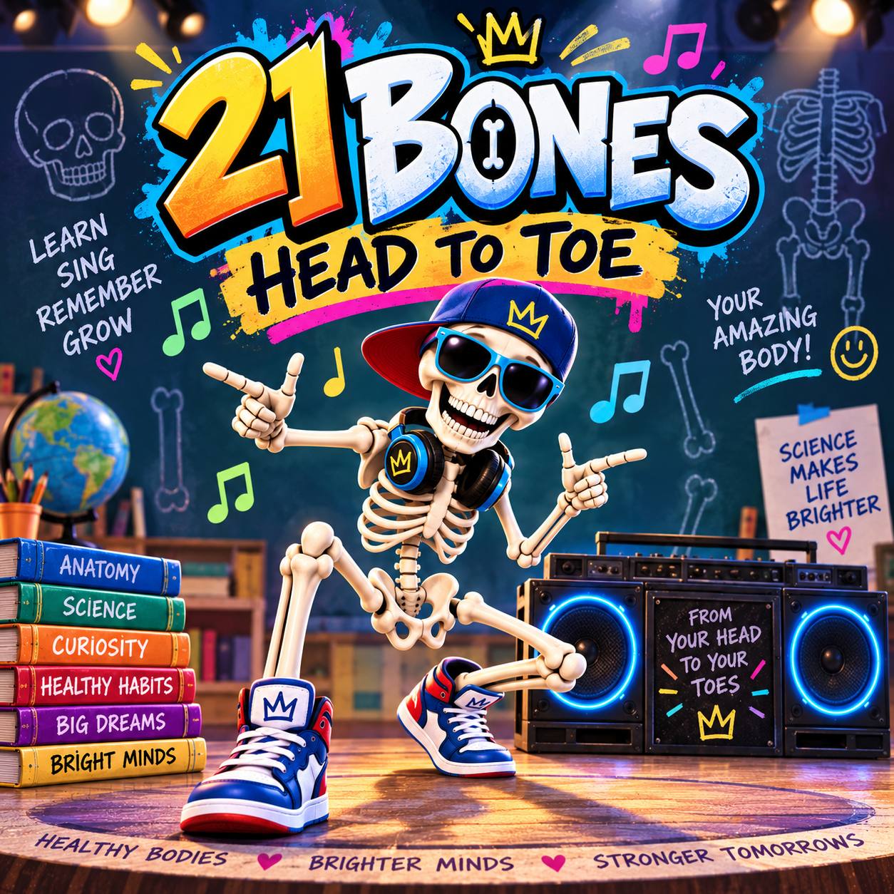 Cover of the supplied 21 Bones: Head to Toe song, with a playful cartoon skeleton.